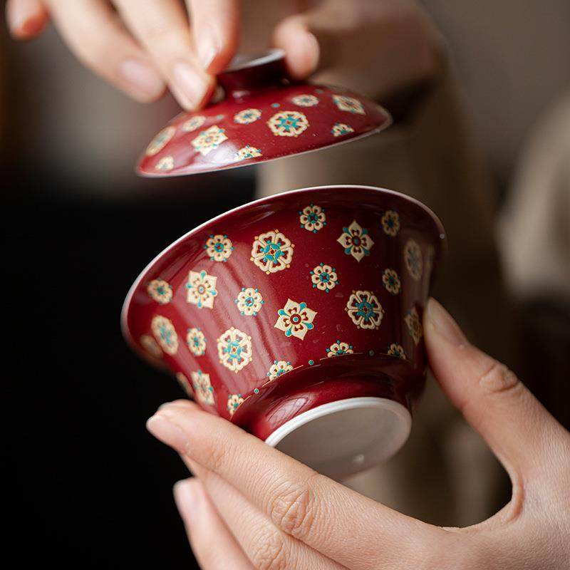 弥言郎复红琵琶纹盖碗纯手工陶瓷泡茶碗LYP茶杯国茶潮功夫具不古
