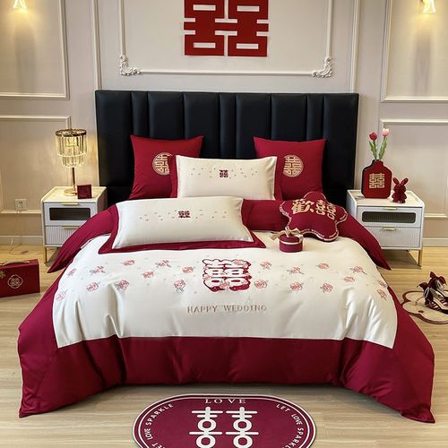 婚嫁结婚庆床品四件套大红粉色全棉纯棉陪嫁喜庆被套床单四季通用