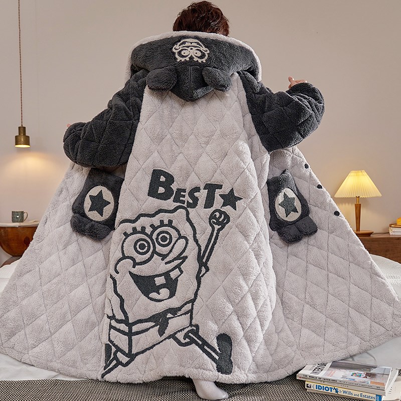 男士睡衣秋冬季珊瑚绒三层夹棉加厚加绒睡袍浴袍加肥加大码家居服