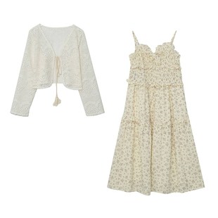 奶黄色夏日初恋套装连衣裙大码女装2023夏季洋气吊带裙两件套显瘦