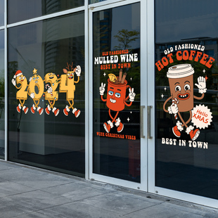 耶诞节咖啡厅装饰玻璃门橱窗静电贴纸上面彩色麋鹿耶诞老人美陈贴
