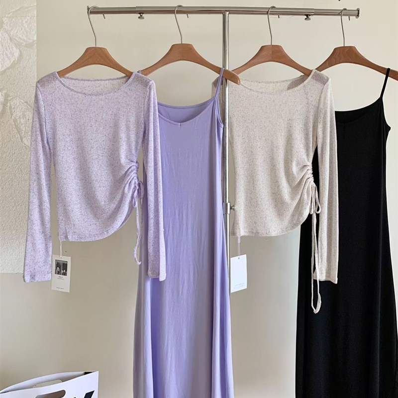 150小个子薄款防晒抽绳露肩长袖T恤罩衫V领吊带连衣裙时尚套装潮