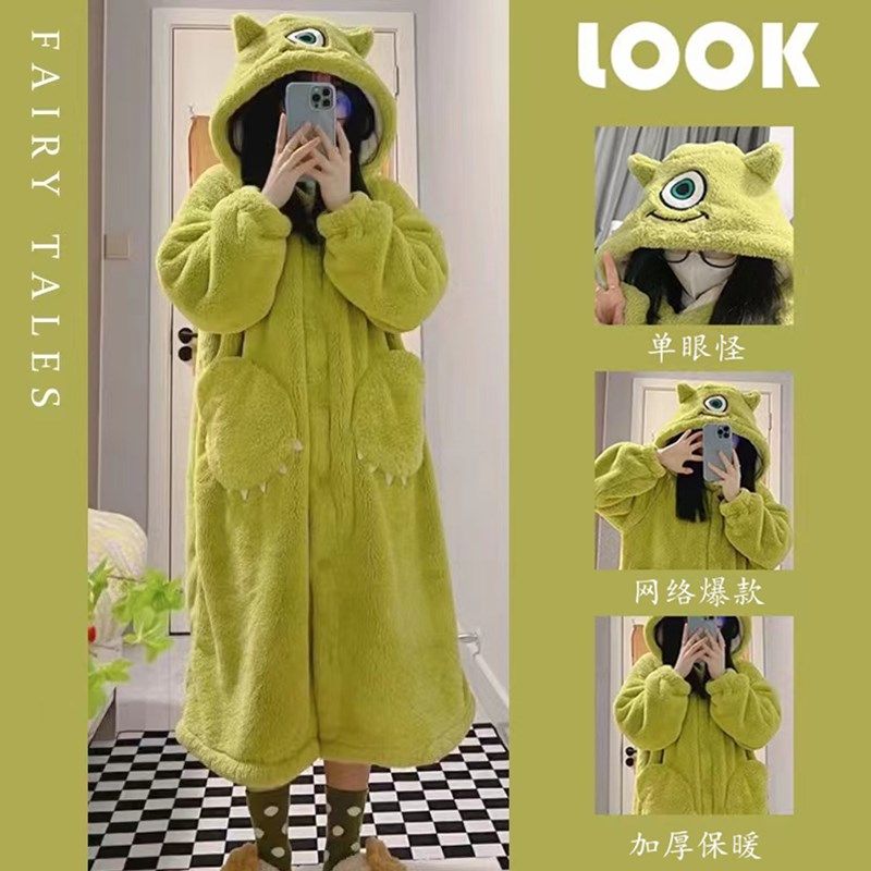 秋冬季珊瑚绒睡裙可爱长袖家居服加厚保暖两件套装女士法兰绒睡衣