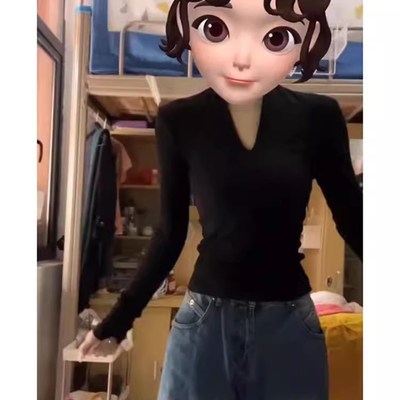 春秋百搭修身显瘦黑色t恤女长袖设计感收腰短款v领内搭打底衫上衣