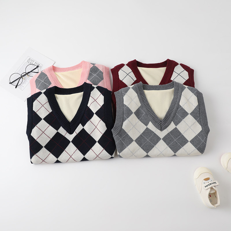 女童马甲儿童格子灰色毛背心男童毛衣针织加绒毛线大童学院风马夹