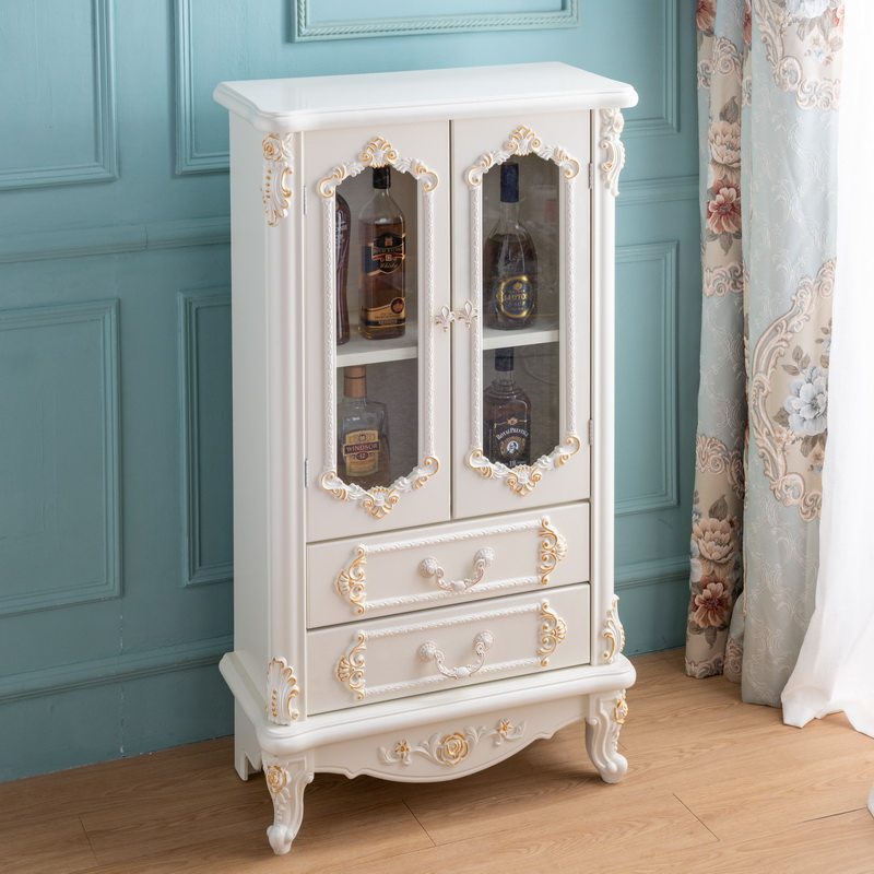 韩式雕花餐边柜欧式简约小酒柜客厅沙发电视边柜酒水柜双门玻璃柜