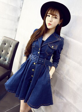 矮个子150cm155娇小春显高时尚单排扣裙摆式收腰牛仔连衣裙配腰带