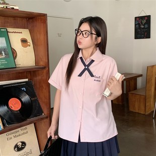 阿车家的大码jk胖mm粉色娃娃领泰式衬衫百搭显瘦上衣百褶裙套装女