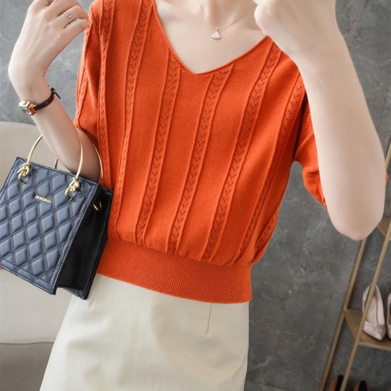 夏季薄款高腰针织短袖t恤女宽松V领纯棉镂空针织衫短款上衣防晒衫