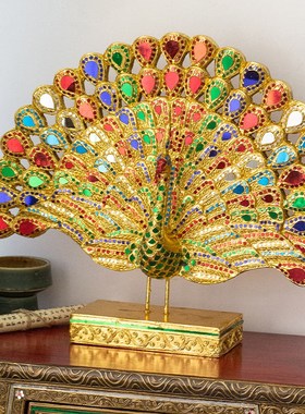 餐边柜客厅装饰摆件轻奢实木孔雀开屏寓意好泰式玄关隔断新居礼品