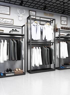黑色服装店展示架男装店铺货架落地式双层陈列挂衣架铁艺金属包架