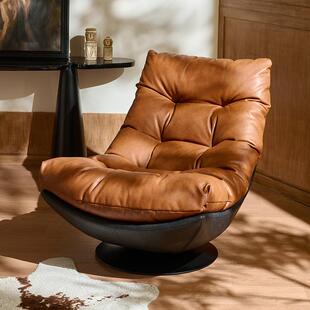 北欧轻奢单人沙发椅可旋转客厅阳台设计师中古风真皮休闲懒人沙发