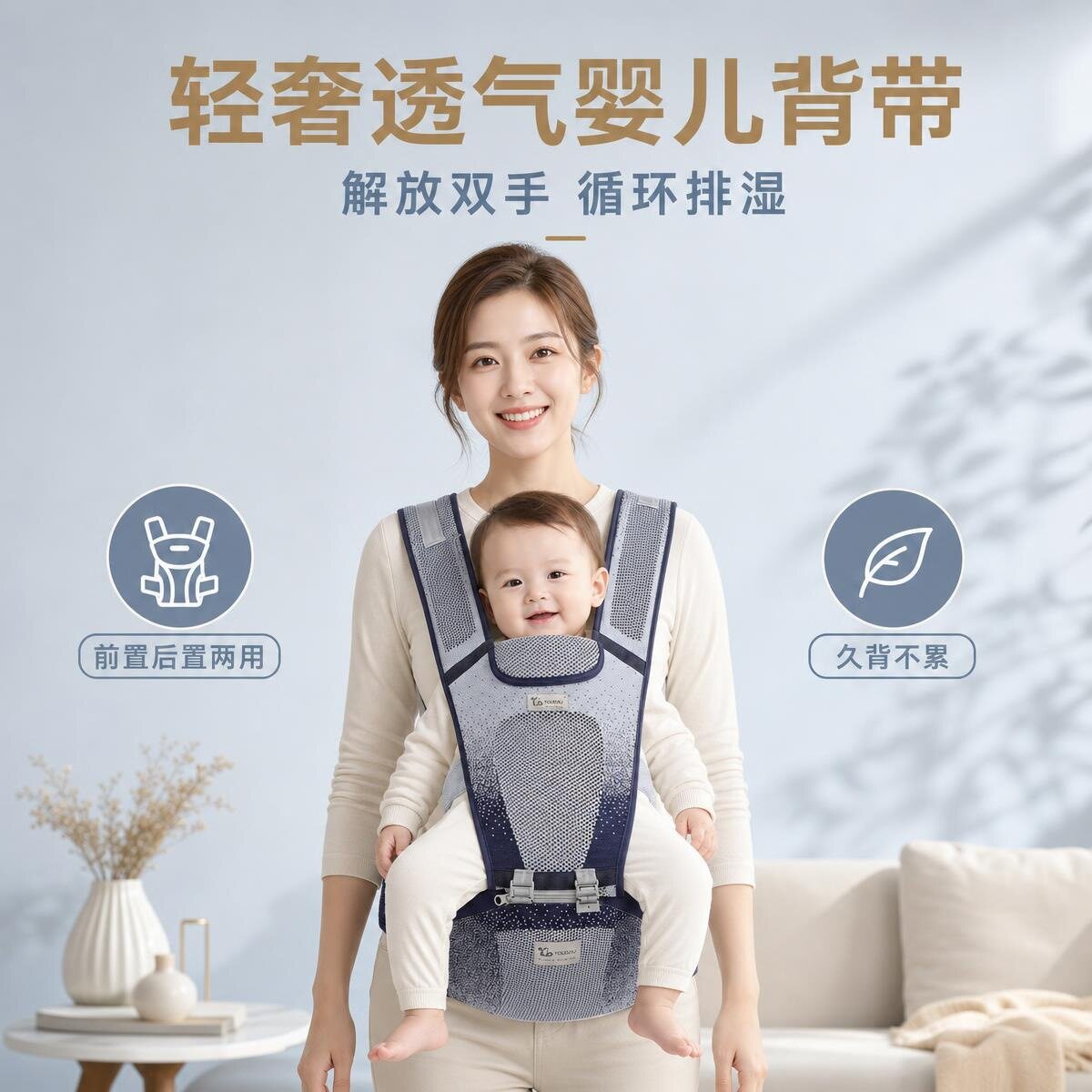 宝宝背带腰凳四季多功能横抱式前后两用灰织婴儿坐凳抱娃神器baby