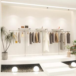 女装店上墙带板挂衣杆不锈钢货架落地挂衣架陈列架子服装店展示架