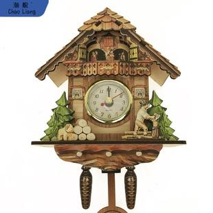 现货挂钟布谷鸟咕咕报时闹钟北欧复古时钟木质客厅钟表电池电子