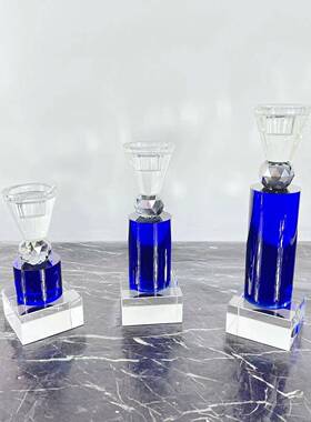现代简约家居样板间房透明蓝色水晶玻璃烛台摆件餐厅桌装饰品