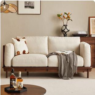 北欧黑胡桃木沙发实木三人位2.4m客厅樱桃木复古风沙发可拆洗布艺