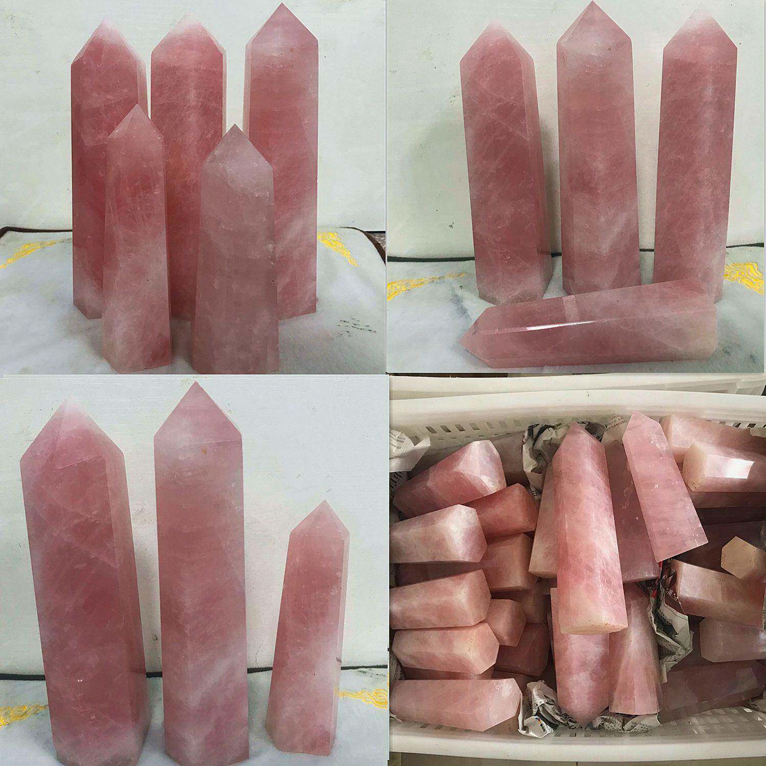 13到25厘米大号粉水晶柱摆件六棱柱原石打磨粉晶单尖柱子供应
