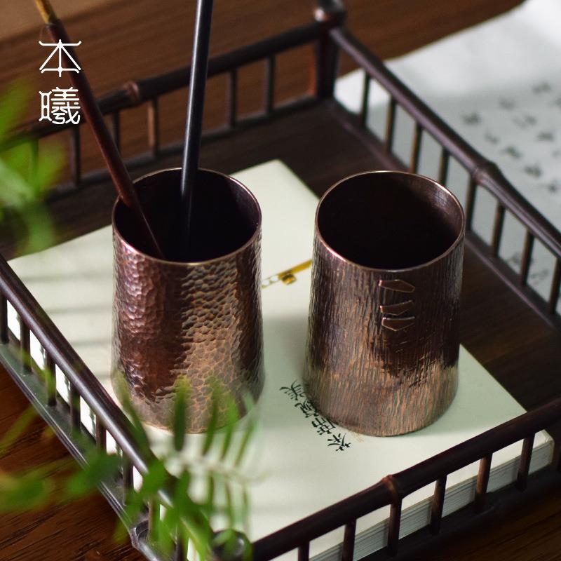 紫铜手工锤纹复古笔筒毛笔收纳筒创意办公室桌面文房用品摆件笔桶