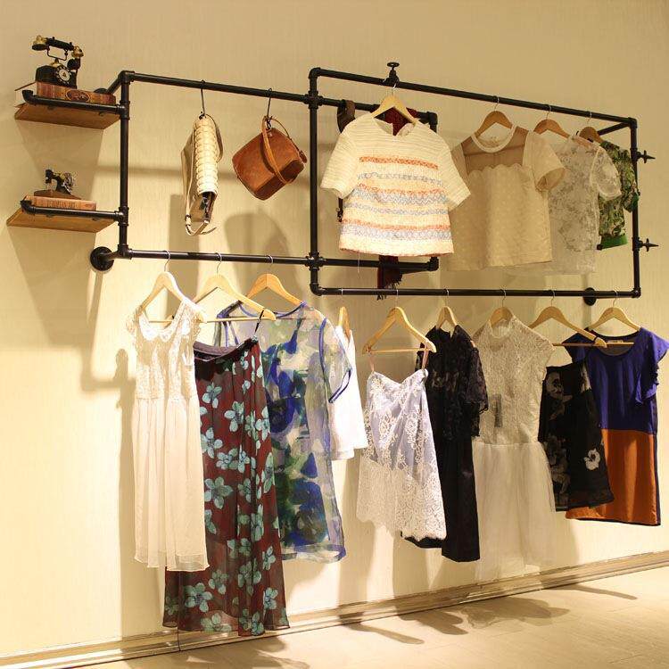 美式复古水管壁挂展示架铁艺服装店做旧正侧挂男女装上墙挂衣架