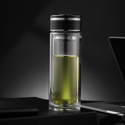 双层玻璃杯男士家用办公水杯高档便携透明带盖车载泡茶杯子350ML