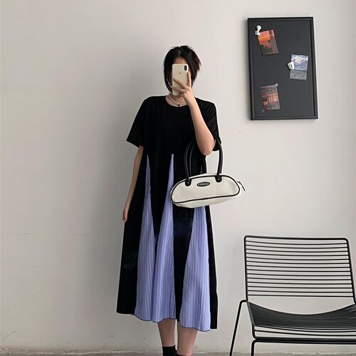 法式设计感拼接t恤裙女2025夏季新款大码宽松显瘦休闲鱼尾连衣裙