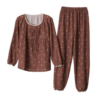 田园碎花睡衣女生纯棉纱系绳套头收口长袖长裤薄款家居服套装文艺