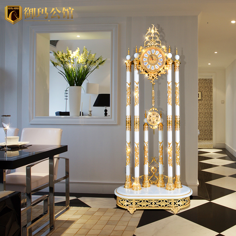 御玛玉石落地钟客厅大摆落地钟奢华大号座钟纯铜金色钟表静音家用