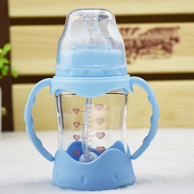 高硼硅玻璃奶瓶防摔宽口径奶瓶带吸管手柄防胀气婴儿新生儿宝宝