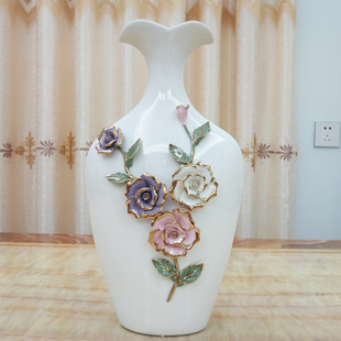 花瓶陶瓷摆件客厅电视柜插花干花家居装饰镂空白色牡丹细口长颈