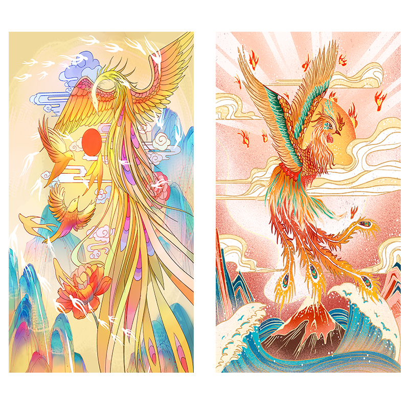 牡丹花凤凰图百鸟朝凤玄关挂画客厅走廊过道壁画迎门墙自贴画布画