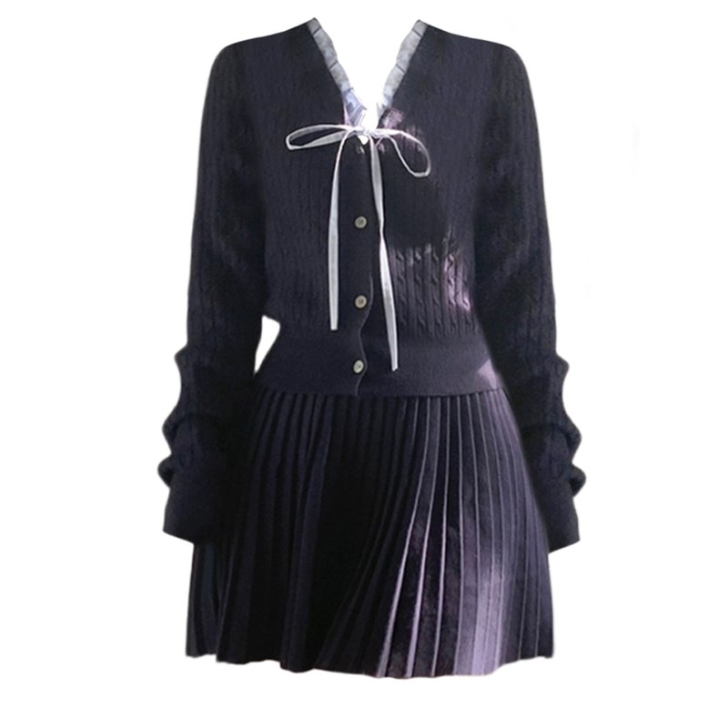 大码胖MM秋冬搭配一整套学院风蝴蝶结系带长袖针织衫百褶裙两件套