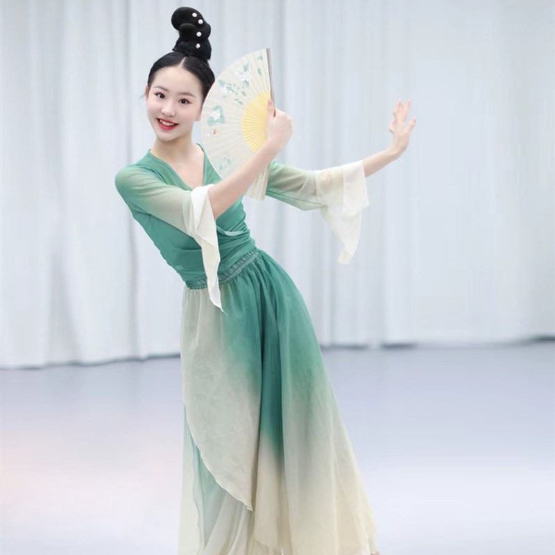 新款汉唐舞醉纱衣清波舞蹈儿童古典折扇舞绿罗裙中国民族舞演出服
