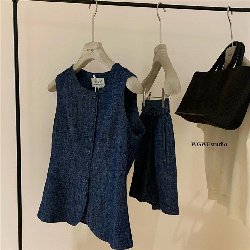 老钱风背心西装套装宽松马甲牛仔衬衫上衣阔腿短裤夏装穿搭一整套