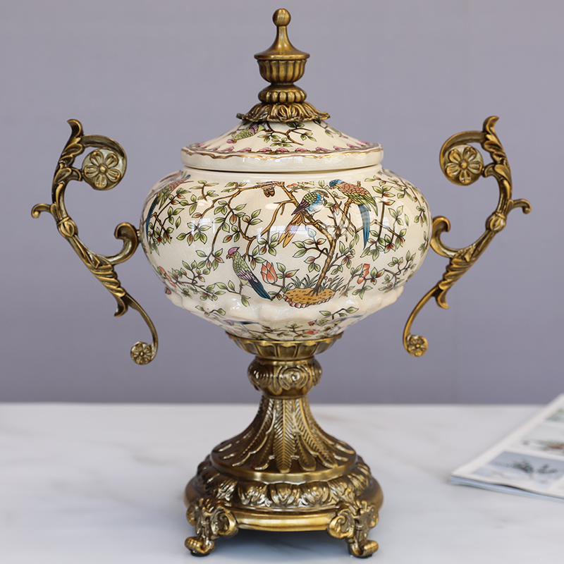 别墅样板房客厅玄关软装饰品摆件 欧式美式储物罐 陶瓷合金收纳罐