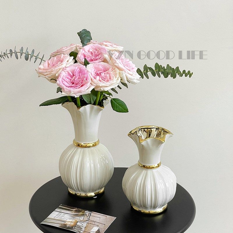 高品质奶油风金边陶瓷花瓶水养插花玫瑰干花餐桌玄关茶几摆件客厅,家居饰品,花瓶,淘宝优惠券,粉丝福利购,淘宝优惠卷