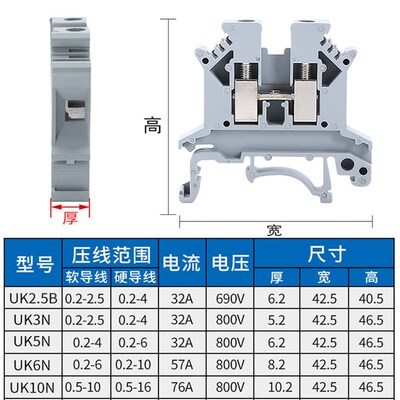 UK-6N导轨式接线排电线接线端子6平方接线器导轨式50A端子/50个