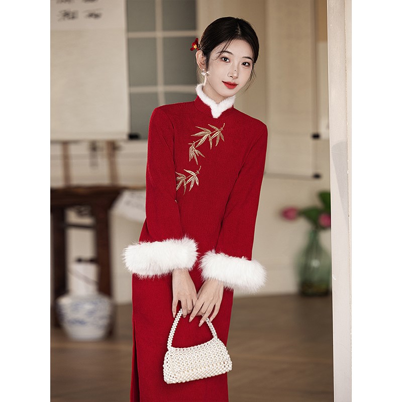 红色旗袍敬酒服新娘结婚订婚礼秋冬季倒大袖新中式加绒加厚小个子