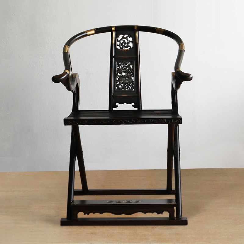 中式交叉纯实木包铜交椅中式明清榆木太师椅仿古折叠椅靠背椅做旧