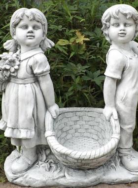 庭院花园草坪玻璃钢摆件摆设欧式人物装饰抬筐小情侣多肉花盆花篮