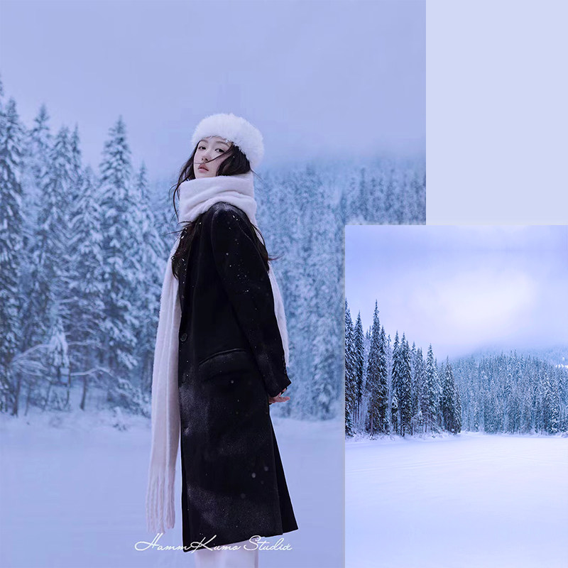 冬季松树雪景时装商业广告服装拍摄婚纱照相馆摄影大雪喷绘背景布