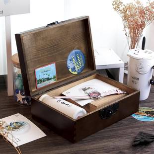 收542纳箱箱复古盒密码 木木质储物箱实木子收纳盒木木小带箱锁盒