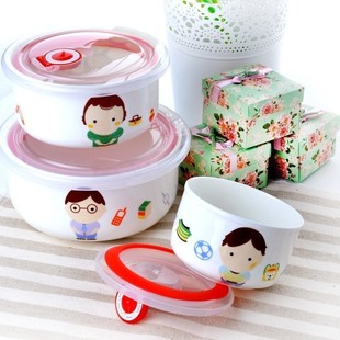 一家人骨瓷保鲜碗三件套微波碗密封碗带盖陶瓷碗便当可爱饭盒套装