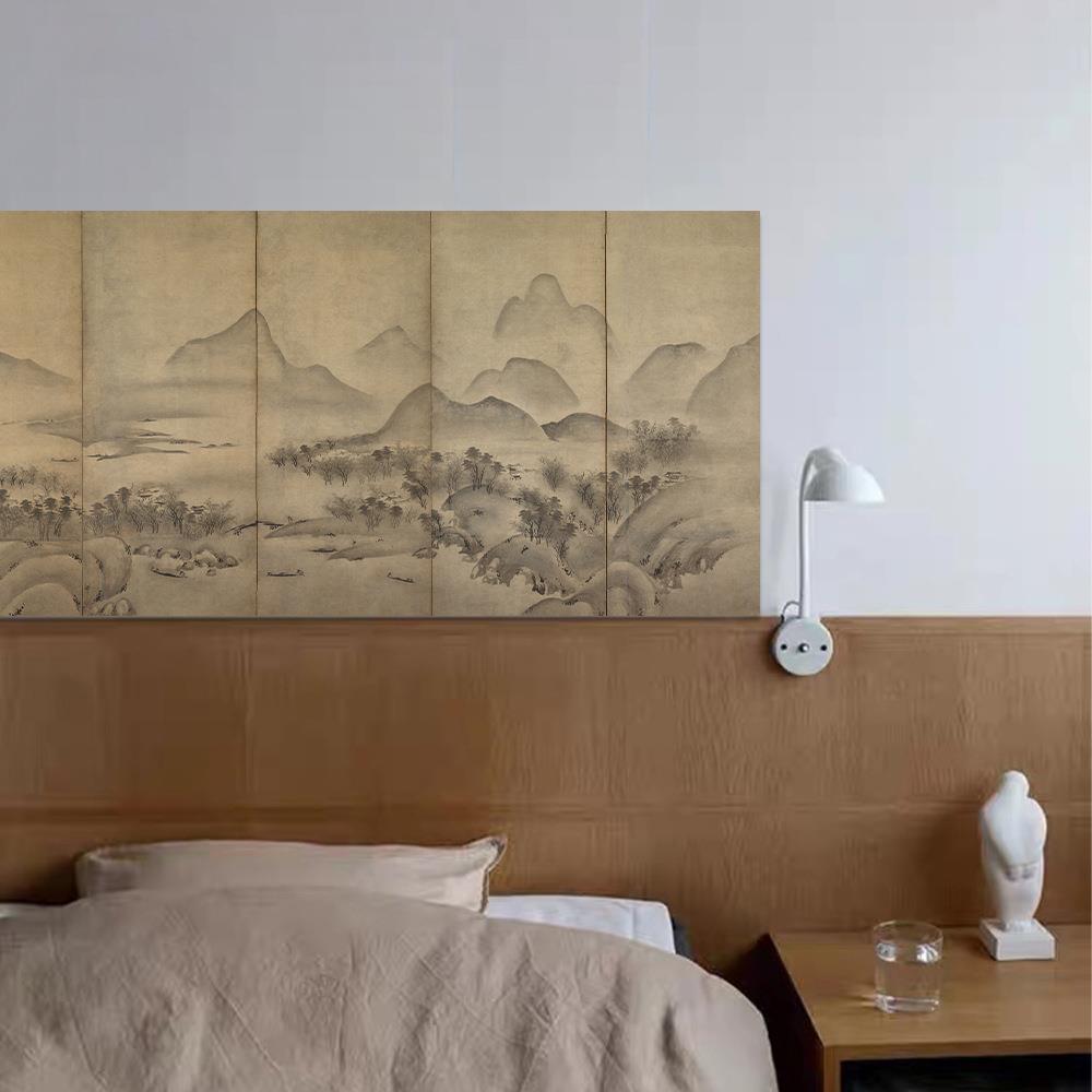 水墨山水屏风图新中式日式横版装饰画简约诧寂风客厅餐厅无框挂画