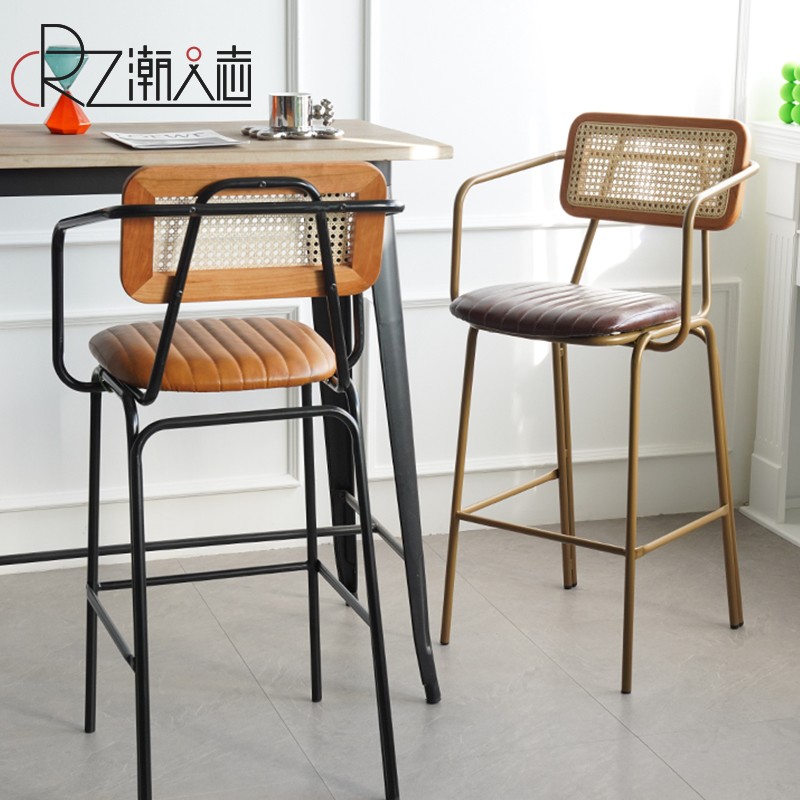 美式藤编吧台凳子简约靠背轻奢高脚凳家用高椅子铁艺吧台椅酒吧椅