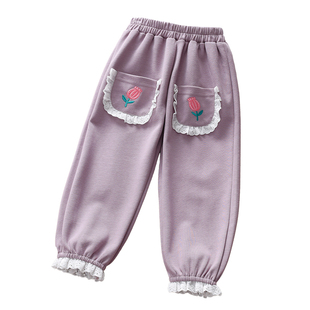 女童裤子春秋款2023新款洋气纯棉花朵休闲裤女孩秋季儿童秋装长裤