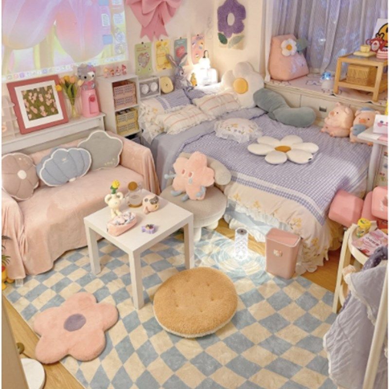 加厚简约少女田园花朵格子客厅地毯卧室床边沙发茶几毯可机洗定制