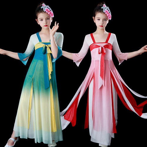 儿童古典舞演出服女童舞蹈服飘逸中国风古风汉服表演服扇子舞纱衣