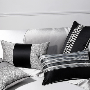 中式古典沙发抱枕黑灰银色条纹腰枕酒店样板间飘窗大靠背靠枕靠垫