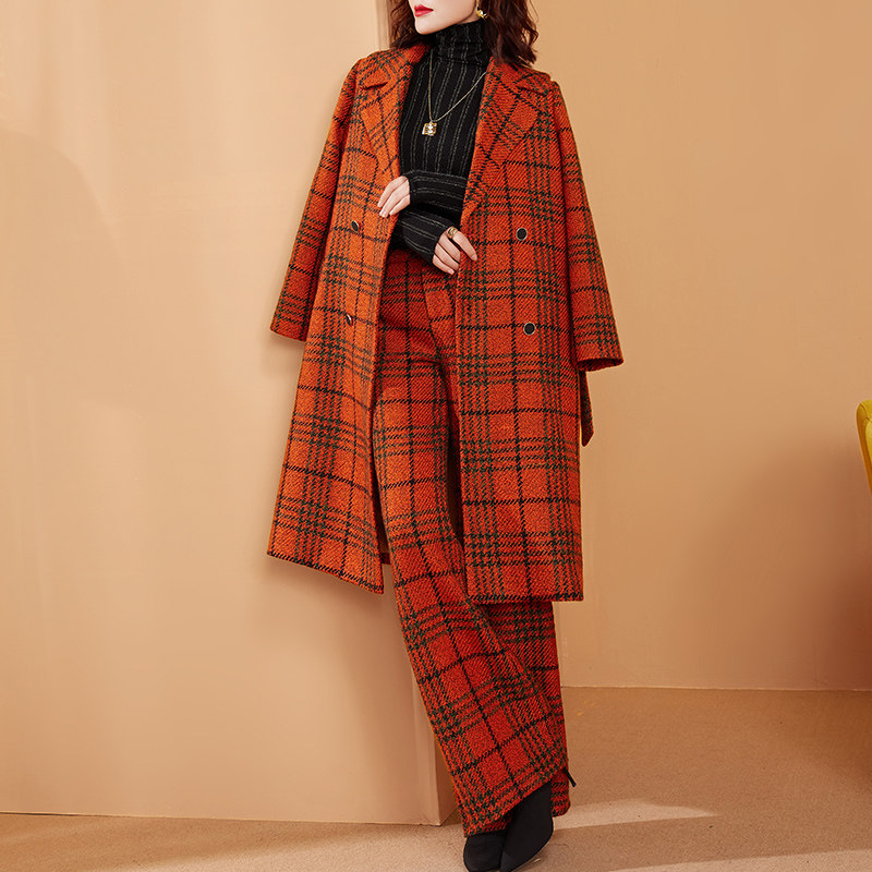 美妃雅羊毛呢格子大衣套装女2021新款秋冬季外套加厚阔腿裤两件套
